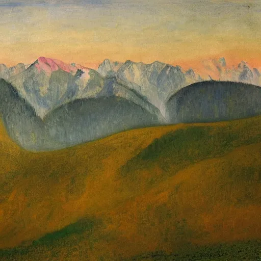 Prompt: a wide landscape of the austrian alps at sunrise in the summer, painting in the style of hilma af klint