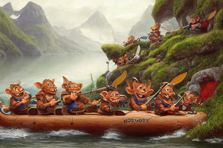 Image similar to a group of goblins paddling on a raft in a norwegian fjord by justin gerard by tyler edlin