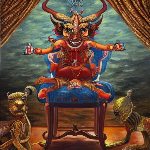 Image similar to a painting of a demon sitting on top of a chair, a detailed painting by ram chandra shukla, pixiv contest winner, bengal school of art, detailed painting, maximalist, art on instagram