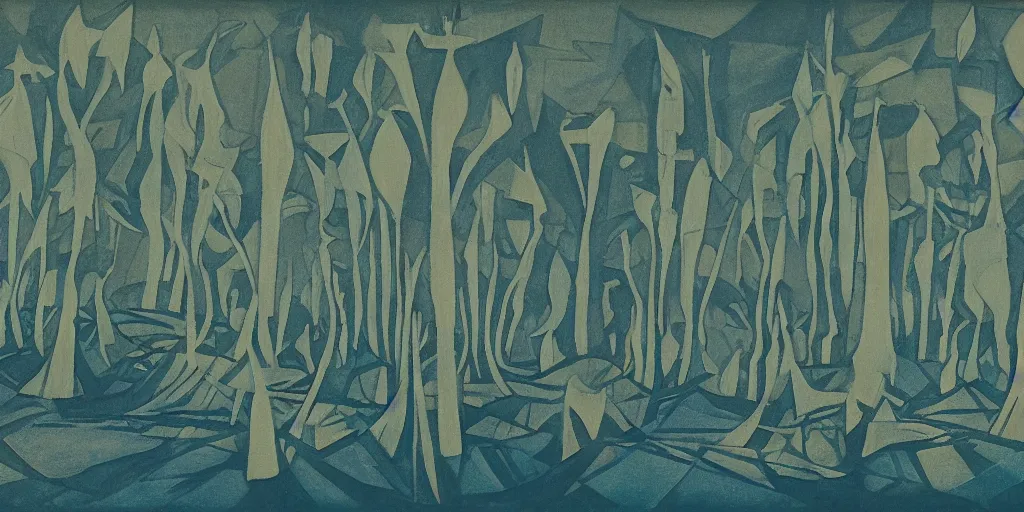 Image similar to The artwork by Aaron Douglas of the cinematic view of a forest of giant diatoms