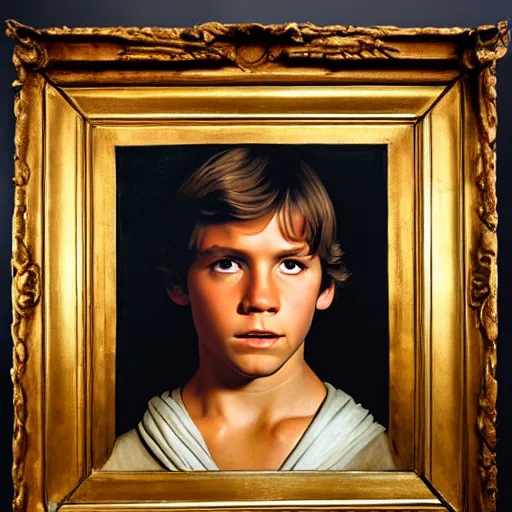 Prompt: a portrait painting of young luke from star wars in a renaissance style hanging in the louvre