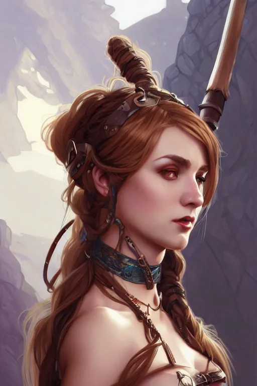 Prompt: Portrait of seductive female barbarian, D&D, revealing stylish dress, choker on neck, long flowing hair, mouth slightly open, slight nerdy smile, fantasy, intricate, elegant, highly detailed, digital painting, artstation, concept art, smooth, sharp focus, illustration, art by artgerm and greg rutkowski and alphonse mucha