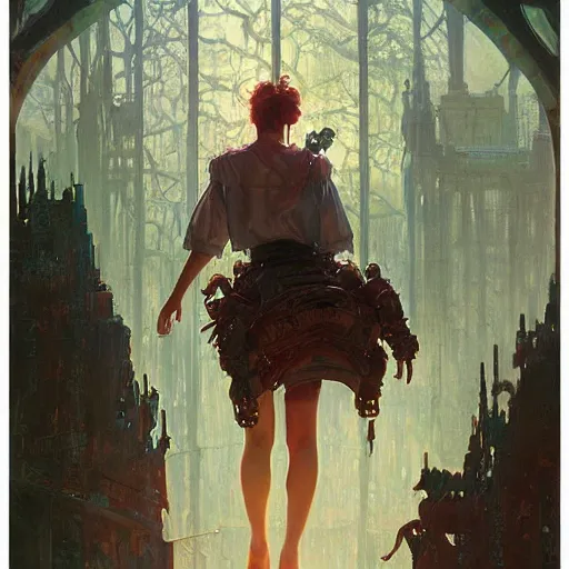 Image similar to an unimaginable artificial horror menacingly looms over a crouched, scared girl by stanley artgerm lau, greg rutkowski, thomas kindkade, alphonse mucha, loish, norman rockwell.