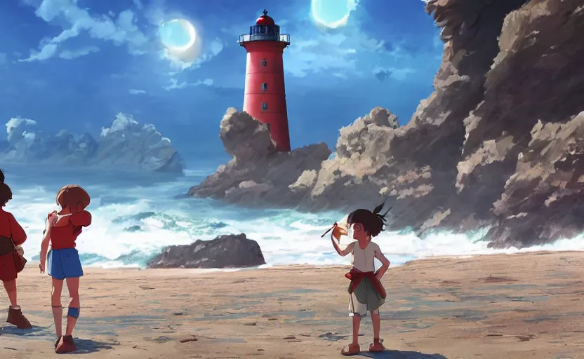 Prompt: a film still kids fighting next to the light house, beach, farol da barra, medium shot, waist up, studio Ghibli, Pixar and Disney animation, sharp, Rendered in Unreal Engine 5, anime key art by Greg Rutkowski, Bloom, dramatic lighting