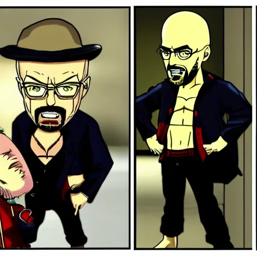 Prompt: Jessie pinkman wrestling walter white breaking bad in one piece anime style