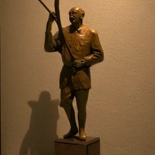 Image similar to patina bronze sculpture, old man with cane, in museum, soft light, kodak gold 2 0 0,