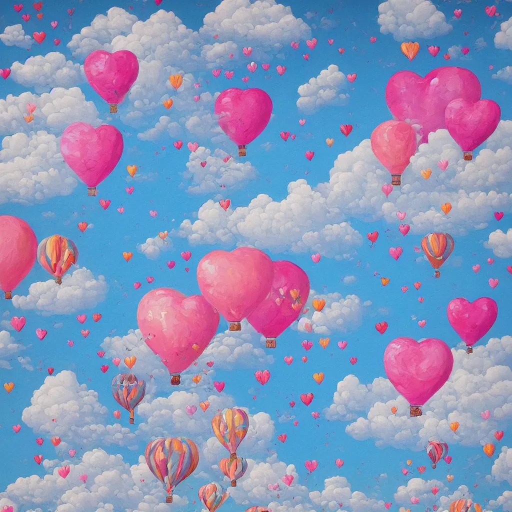 Prompt: ultra detailed painting that is beautiful and whimsical with cotton candy clouds and balloon hearts and flowers inside