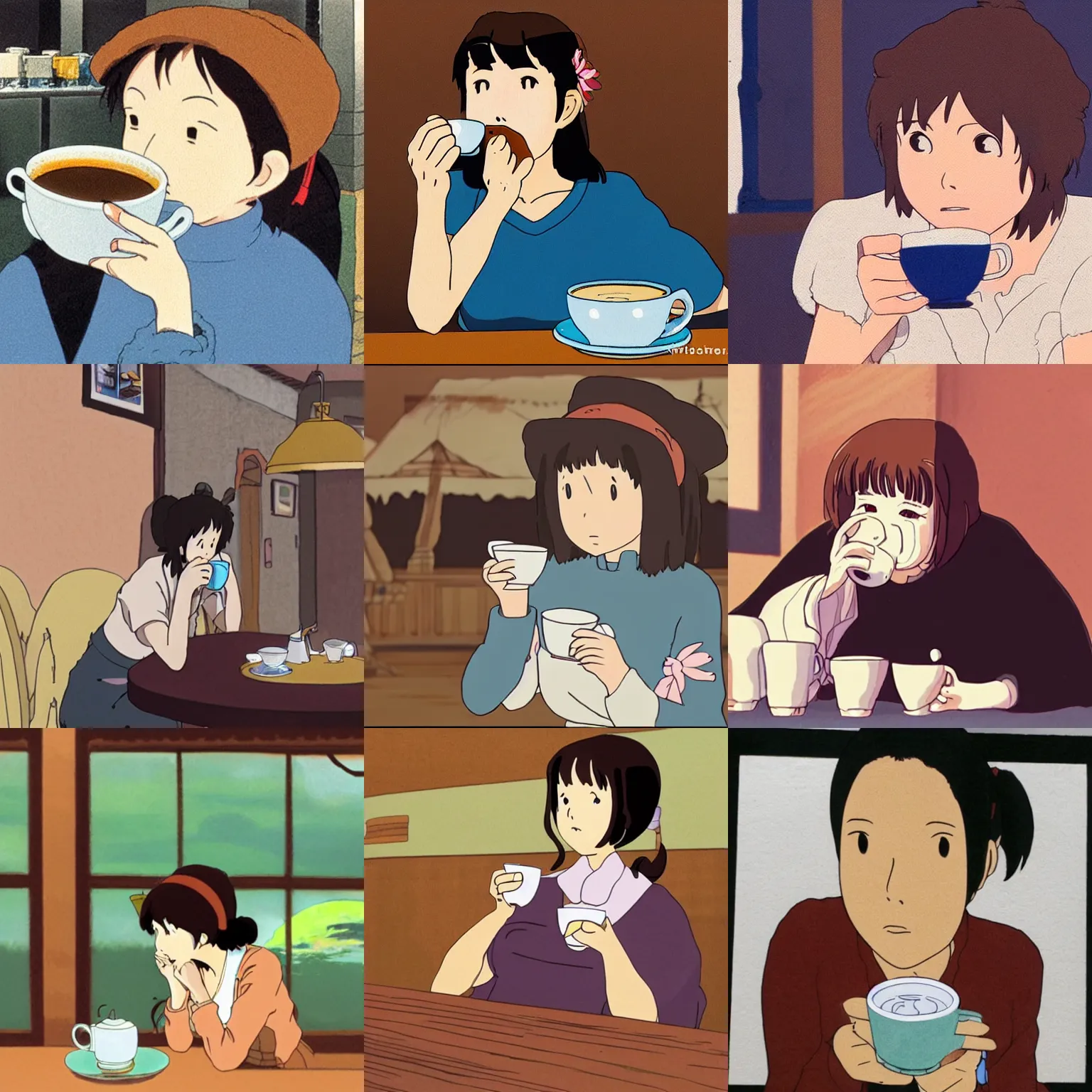 Prompt: Woman drinking coffee, Studio Ghibli still