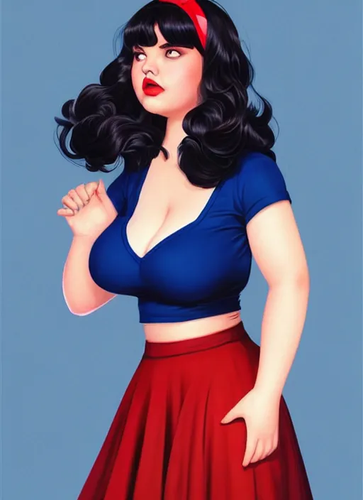 Image similar to full body portrait of teenage veronica lodge, obese, bangs, sultry, realistic, sultry smirk, wavy hair, red skirt, fat, belly, intricate, elegant, glowing lights, highly detailed, digital painting, artstation, concept art, smooth, sharp focus, illustration, art by wlop, mars ravelo and greg rutkowski