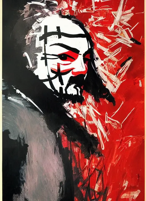 Image similar to v for vendetta ( 2 0 0 6 ) guy fawkes, by ashley wood, yoji shinkawa, jamie hewlett, 6 0's french movie poster, french impressionism, black red white colors, palette knife and brush strokes, dutch tilt