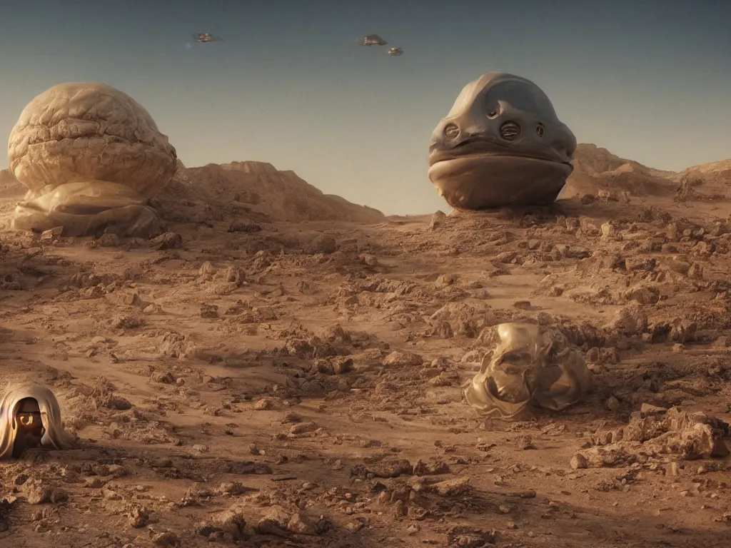 Image similar to glowing veiled grey ghost in full - face golden mask in a dry rocky desert landscape with abandoned city beneath the sand and giant alien spaceship in the sky attacks the earth by christopher doyle and alejandro jodorowsky, anamorphic lens, kodakchrome, cinematic composition, very detailed photo, 8 k,