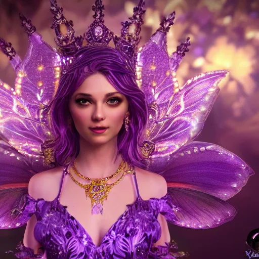 Image similar to portrait princess of amethyst, glowing, ornate and intricate purple jewelry, jaw dropping beauty, glowing background lighting, purple accent lighting, hyper detailed, fairy tale, 4 k octane render