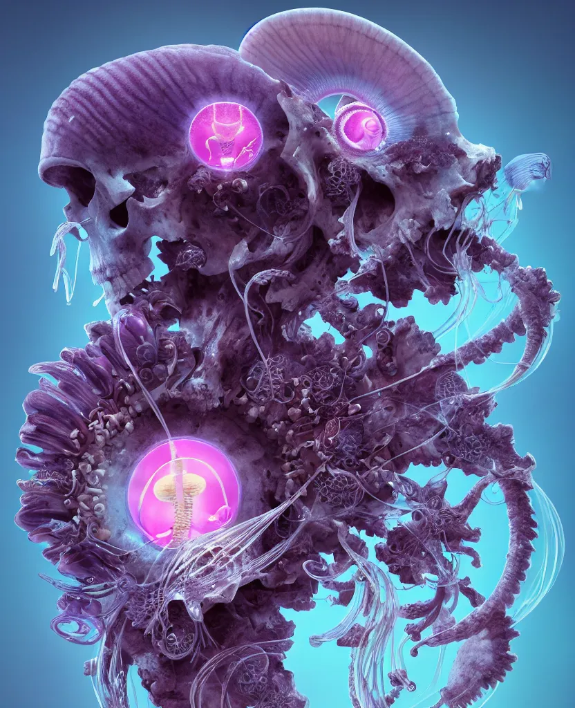 Image similar to goddess close-up portrait ram skull, thorax, x-ray, backbone, jellyfish phoenix head, nautilus, orchid, skull, betta fish, bioluminiscent creatures, intricate artwork by Tooth Wu and wlop and beeple. octane render, trending on artstation, greg rutkowski very coherent symmetrical artwork. cinematic, hyper realism, high detail, octane render, 8k