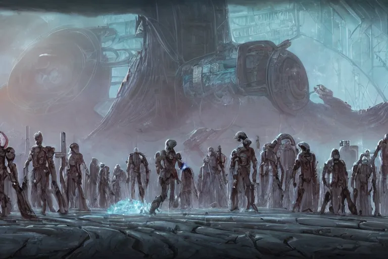 Prompt: ancient alien portral, a crowd of androids walking in a straight line along a path towards a portal, pilgrimage, in mad max style, stargate, coriolios rpg art style, full of details, dark sci - fi, cold blue colors, matte painting, artstation, 8 k, hyperrealistic, style of peter mohrbacher