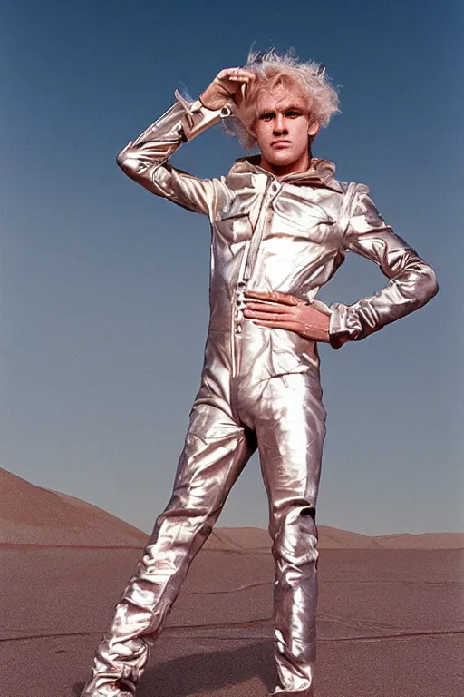 Image similar to portrait davis taylor brown dressed in 1 9 8 1 space fantasy fashion, new wave, shiny metal, standing in a desert