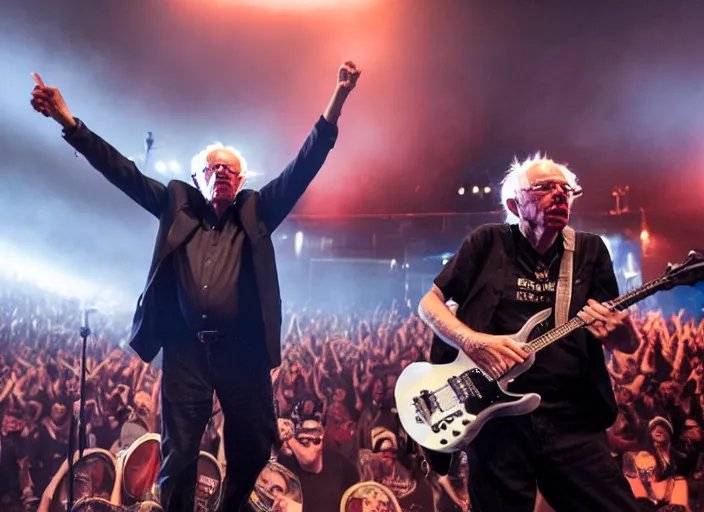 Image similar to publicity photo still of bernie sanders in a death metal band playing live on stage, 8 k, live concert lighting, mid shot