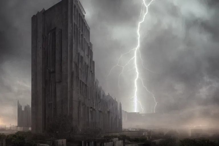 Image similar to a towering cathedral of brutalist architecture, metal, concrete, mist, rain, night, dramatic lighting, lightning bolt, trending on Artstation, 8k, highly realistic, hyper detailed, unreal engine 5, IMAX quality, realistic, cinematic, epic lighting, realistic, in the style of Greg Rutkowski