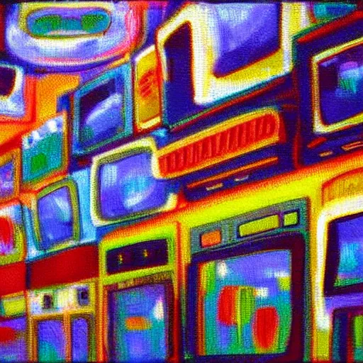 Image similar to fuzzy, array of crt televisions, tv static, antenna, stacked, polaroid, steroids, adult video store, impressionist painting, painting, acrylic painting, cell shaded