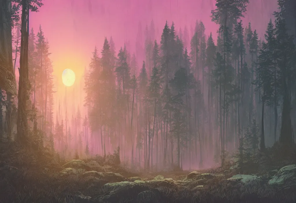 Image similar to handmade illustration of a forest landscape, line art, ink, watercolor by Kilian Eng and by Jake Parker, atmospheric!! and vaporwave composition, winning-award masterpiece, fantastic, octane render, 8K HD Resolution, High quality image