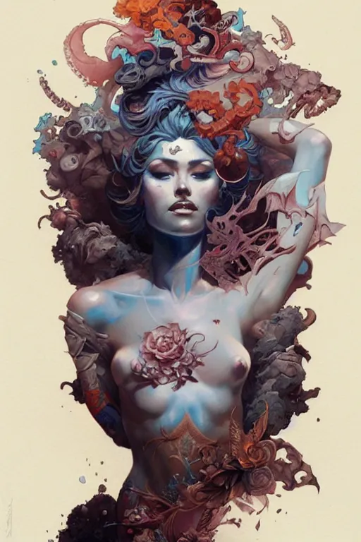 Prompt: tattoo design by james jean and peter mohrbacher and craig mullins