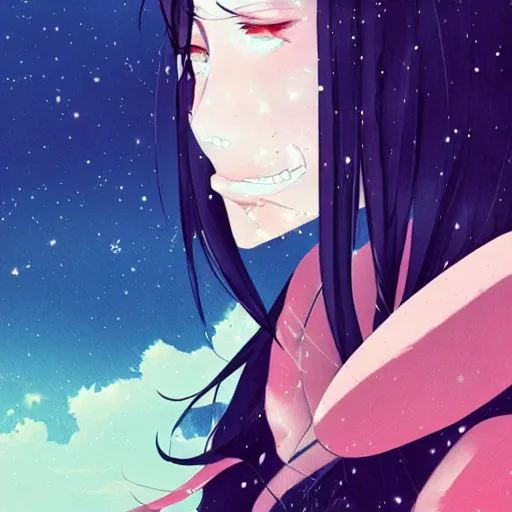 Prompt: woman crying, outside, night sky, anime style, by Conrad Roset, digital art, trending on artstation