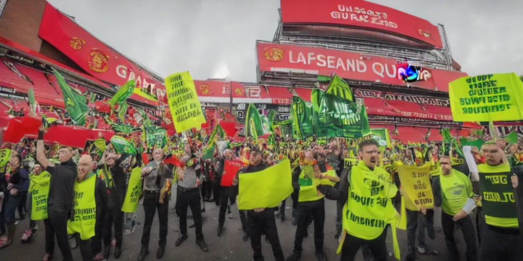 Image similar to # glazersout protests outside old trafford theatre of dreams against the glazers, # glazersout, chaos, protest, banners, placards, burning, pure evil, 8 k, wide angle lens, 1 6 - 3 5 mm, symmetry, cinematic lighting