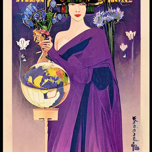 Prompt: a royal portrait of a cyborg woman. she holds a globe in one hand and flowers in the other. illustrated by burton rice. black orchid movie poster. 1 9 1 2.