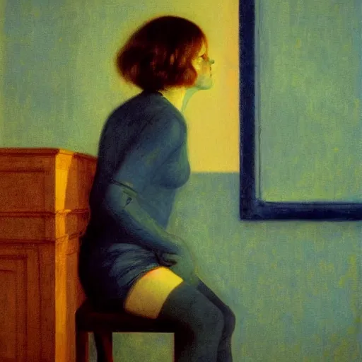 Image similar to close up of a girl in a blue and gold haunted liminal abandoned room, film still by edward hopper, by gottfried helnwein, by klimt, art noveau, highly detailed, strong lights, liminal, eerie, bright pastel colors,