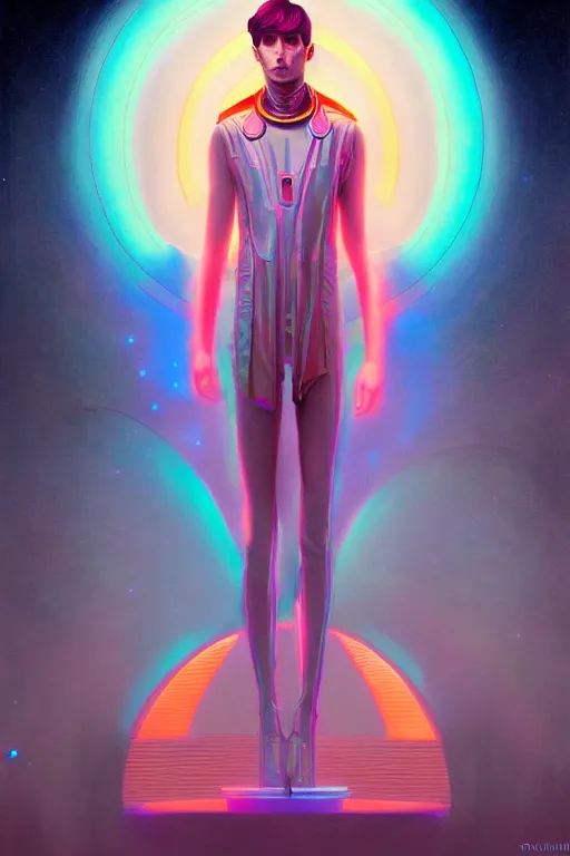 Image similar to male patron saint of 🛸🌈, futuristic clothing, neon god of city character portrait, in the style of moebius, tom bagshaw, and waterhouse, cinematic lighting, beautiful, elegant, oil painting,