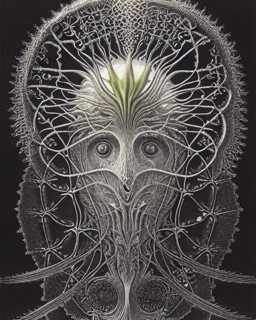 Image similar to realistic detailed underwater face portrait of the beautiful young god of the fish of the fractal waters with an intricate headgear of corals, sea kelp, sea plants, fish, starfish, jellyfish, art by ernst haeckel, zdzisław beksinski, hieronymus bosch, gothic, neo - gothic, ornamental, beautiful deep colours,