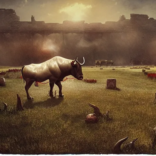 Image similar to a medium shot of a giant bull with horns decorated!!! with bells and ribbons, background is the ruins, in the steppe, autumn field, misty background, from the game pathologic 2, highly detailed, sharp focus, matte painting, by rosa bonheur, by isaac levitan and asher brown durand,