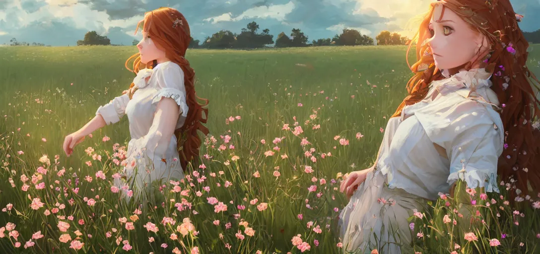 Image similar to a beautiful southern woman named Savannah, innocent, somber turquoise eyes, freckles, long ginger hair tied with white ribbon, relaxed in a field of flowers on a farm, gentle lighting, storm in the distance, western clothing, dress, digital art by Makoto Shinkai ilya kuvshinov and Wojtek Fus, digital art, concept art,