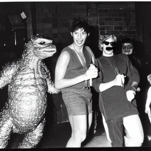 Image similar to godzilla partying at studio 5 4 b & w grainy photograph lots of celebrities including andy warhol