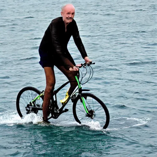 Image similar to don matteo riding a bike straight through the sea king monster