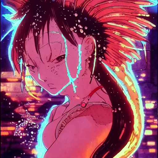 Prompt: anime of a punk cyborg woman, water particles floating in the air, finely detailed facial features, weathered drawing, film grain, bright neon lighting, dark pastel colors, drawn by satoshi kon, katsuhiro otomo