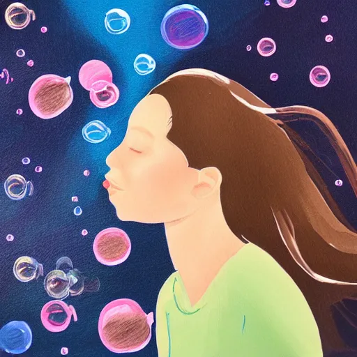 Image similar to young woman dreaming of bubbles and fish, concept art, gouache