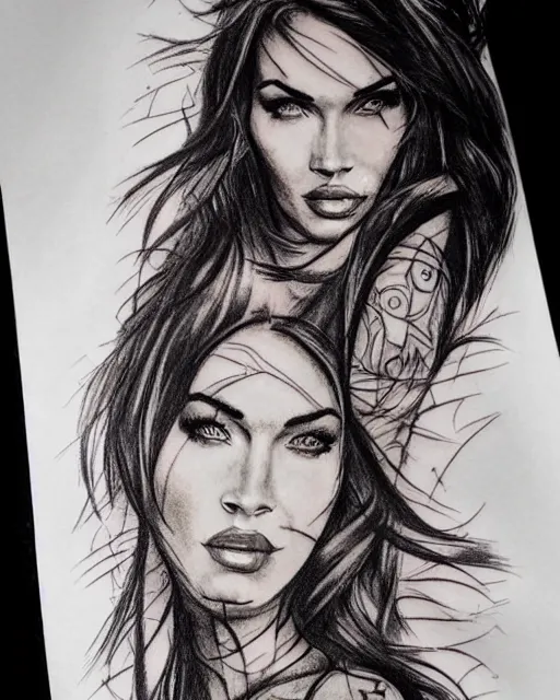 Image similar to tattoo design sketch of megan fox with amazing mountain scenery, double exposure effect, realism tattoo, in the style of den yakovlev, amazing detail, sharp