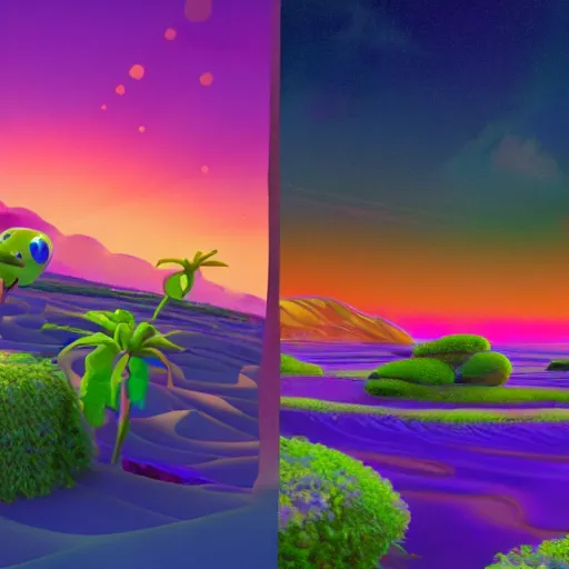 Prompt: Shots of an unreleased spiritual Pixar movie, landscape, 8K, photorealistic, high cohesiveness, psychedelic, concept art, vaporwave