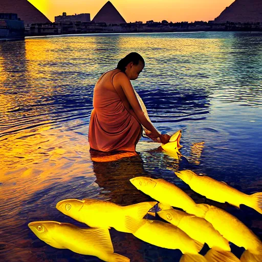 Prompt: beautiful egypt beautiful woman relaxing on sunset river with yellow coloured fish, coloured high detailed photo, sunset