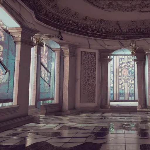 Image similar to vaporwave mansion, liminal space, high detail, rendered in unreal engine, 3d render, god rays, volumetric lighting, large windows, baroque, rococo, vegetation