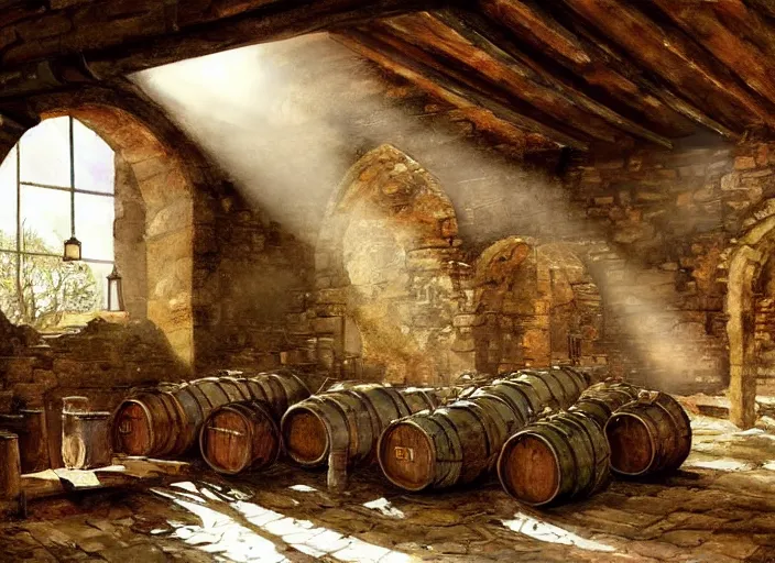 Prompt: watercolor painting of rustic beer cellar, ruins, wooden crates and barrels, stone walls, lantern, very beautiful ambient lighting, sun rays, dust, art by anders zorn, wonderful masterpiece by greg rutkowski, cinematic light, american romanticism by greg manchess, creation by tyler edlin, aquarelle