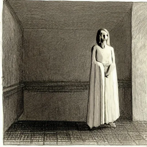 Image similar to a human figure is standing in the center of a room. the figure is wearing a white dress and has long, flowing hair.