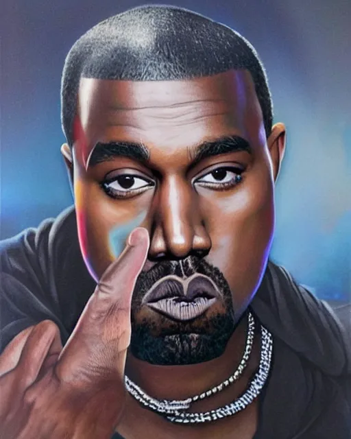 Image similar to kanye west in donda listening party, airbrush, drew struzan illustration art, key art, movie poster