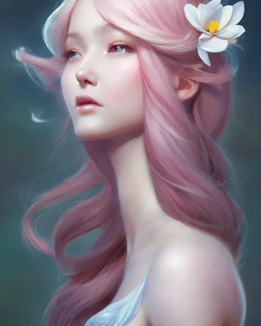 Image similar to character concept art of a goddess of magnolias as angelic young female | | seductive - fine - face, pretty face, key visual, realistic shaded perfect face, fine details by stanley artgerm lau, wlop, rossdraws, james jean, andrei riabovitchev, marc simonetti, and sakimichan, trending on artstation