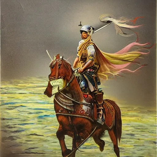 Image similar to a exotic metro pollynsdian warrior riding horse through a river, painted by jorgihno gisbana and takashi tokyo, style of ultra capitalism surrealism, surrealist artwork, ancho socialist styling