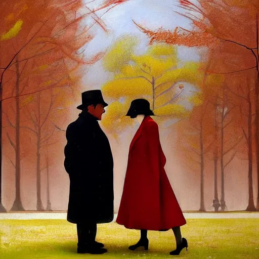 Prompt: a highly detailed epic cinematic concept art, a thin man in a black coat and bowler hat talks with girl who is dressed in a red coat and a red hat, Berlin park, autumn, 1923, in the style of in the style of Francis Bacon and Syd Mead and Norman Rockwell and Beksinski, painted by Francis Bacon and Edward Hopper, painted by James Gilleard, surrealism, airbrush, Ilya Kuvshinov, WLOP, Stanley Artgerm, very coherent, triadic color scheme, art by Takato Yamamoto and James Jean, high detail, width 768
