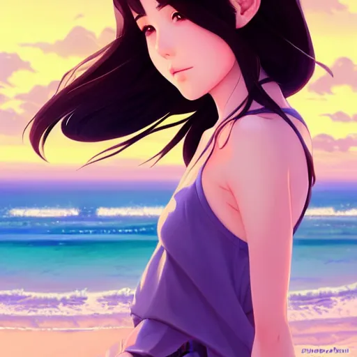 Image similar to a beautiful girl with long dark hair, on a beach, sunny, daytime, sharp focus, intricate, digital painting, artstation, official media, anime key visual, highly detailed, rich vivid colors, ambient lighting, illustration, art by Artgerm, Makoto Shinkai, Ilya Kuvshinov, Lois Van Baarle, and Rossdraws