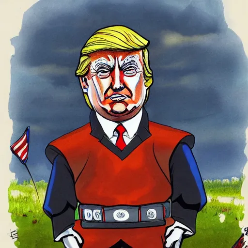 Image similar to front shot full body cinematic of donald trump as a knight, by hans thoma