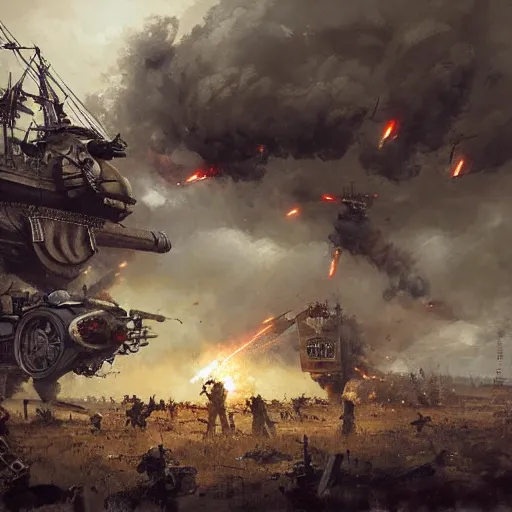 Image similar to gitantic steampunk war machine, war scene, explosions, jakub rozalski