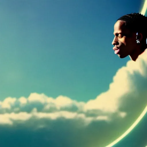 Image similar to Travis Scott sitting on a cloud over Earth, 4k, Aubrey Powell, vintage photo, beautiful cinematography, surreal, film grain